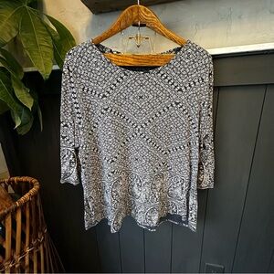 Lucky Brand Tunic Top Navy White Paisley Shirt 3/4 Sleeve size 3X‎